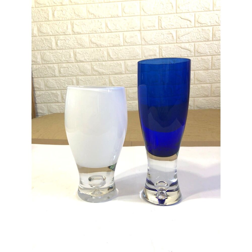 Set Vintage Block Stockholm Art Blue 7.5" White 6.5" Glass MCM Controlled Bubble